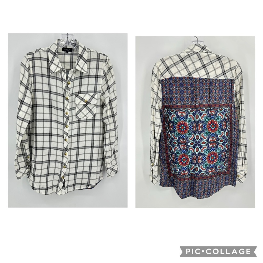 Tolani Plaid Flannel Print Back Shirt Black Blue Size S
